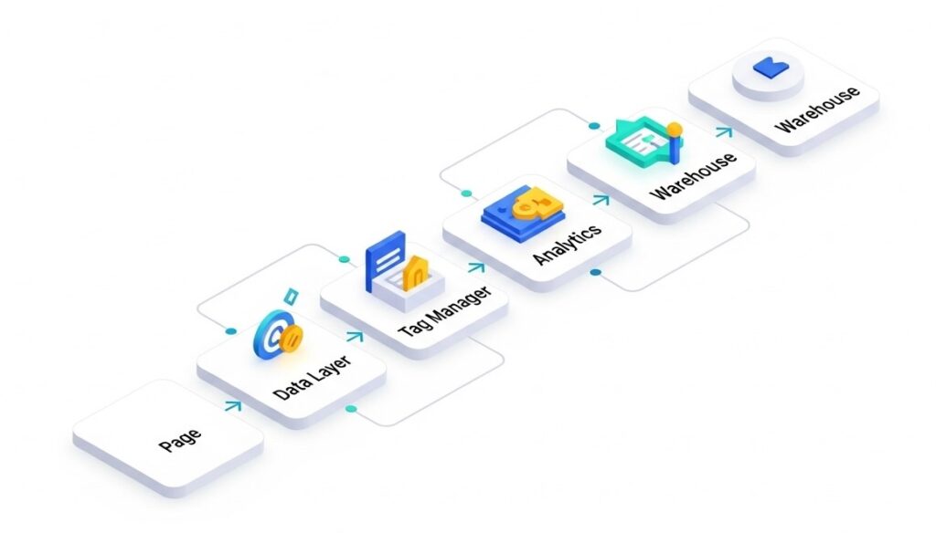 Tracking flow from page to data layer, tag manager, analytics, and warehouse
