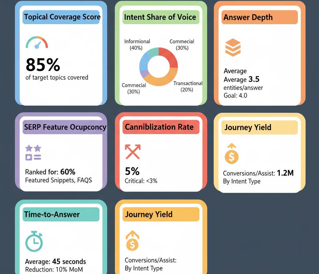 Intent-level scorecard with coverage, SOV, depth, features, cannibalization, yield, and speed.