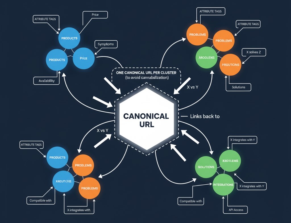 Topic graph of entities/attributes/relationships with a canonical URL per cluster.