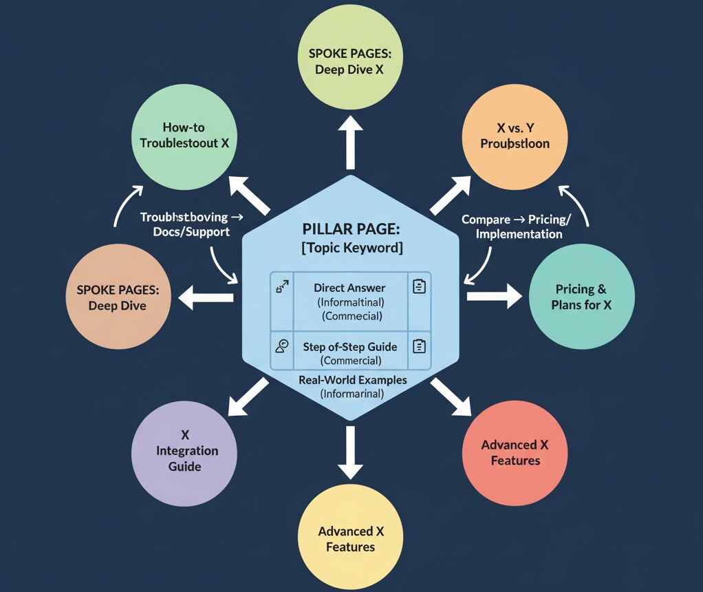 Pillar page with intent-aligned modules and spoke articles linked by relationships