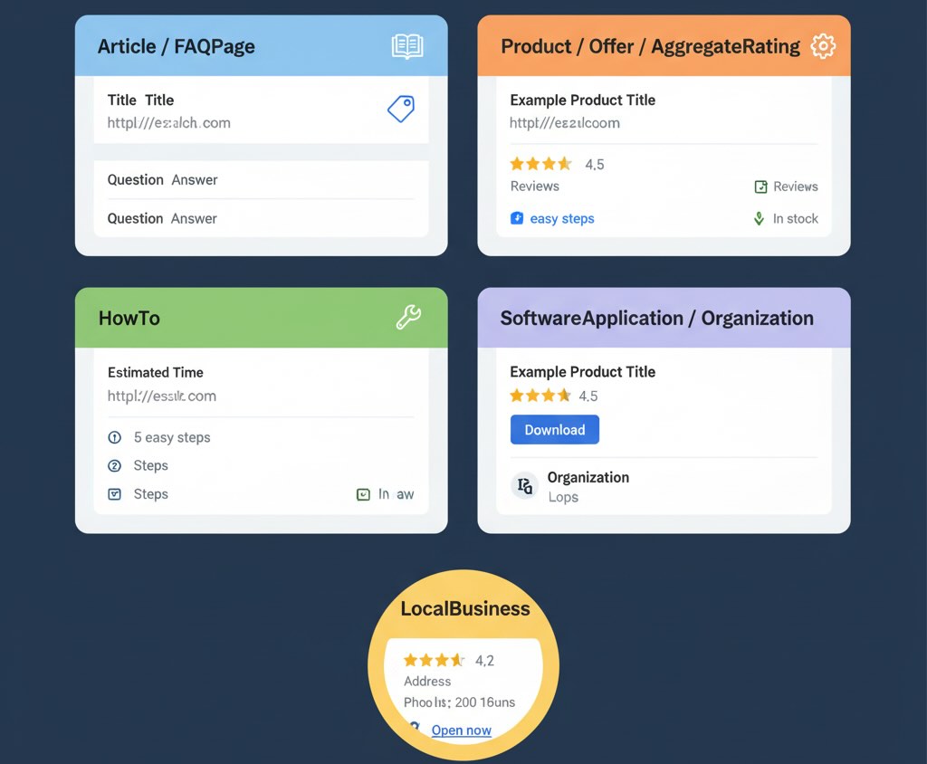 Structured data types with neutral snippet placeholders to disambiguate page purpose.