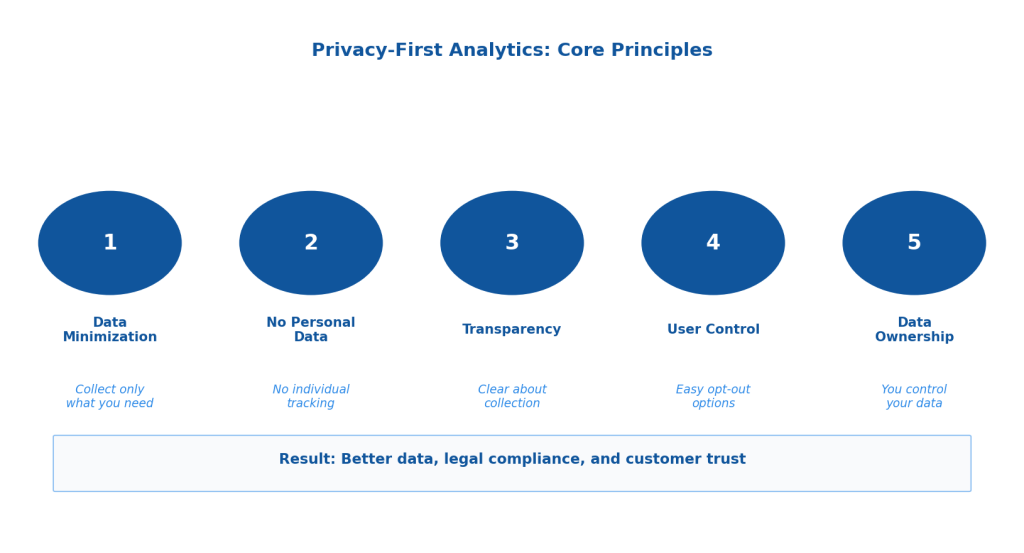 Five core principles of privacy-first analytics: data minimization, no personal data, transparency, user control, data ownership